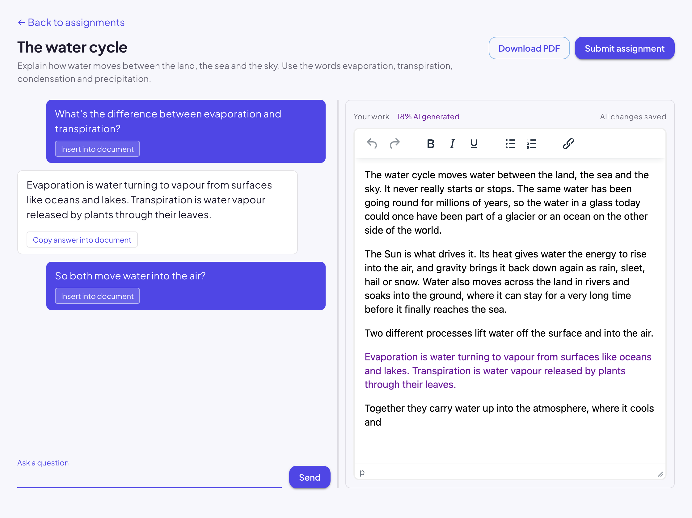 The vaultED learner workspace for an assignment called The water cycle. The chat with the assistant is on the left. On the right is the learner's document: three paragraphs of their own writing, then a passage copied from the assistant shown in purple. Above the document it reads 18% AI generated.